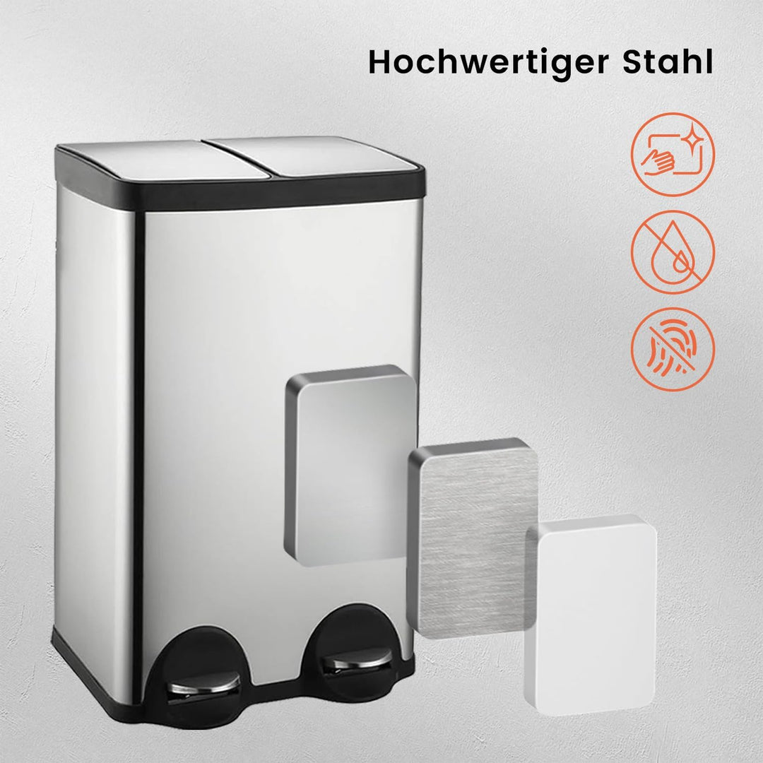 Mülleimer Küche 60l, 2x30L Mülltrennsystem, Tretmülleimer, Silber | Mülleimer 2 Fächer, Edelstahl, H