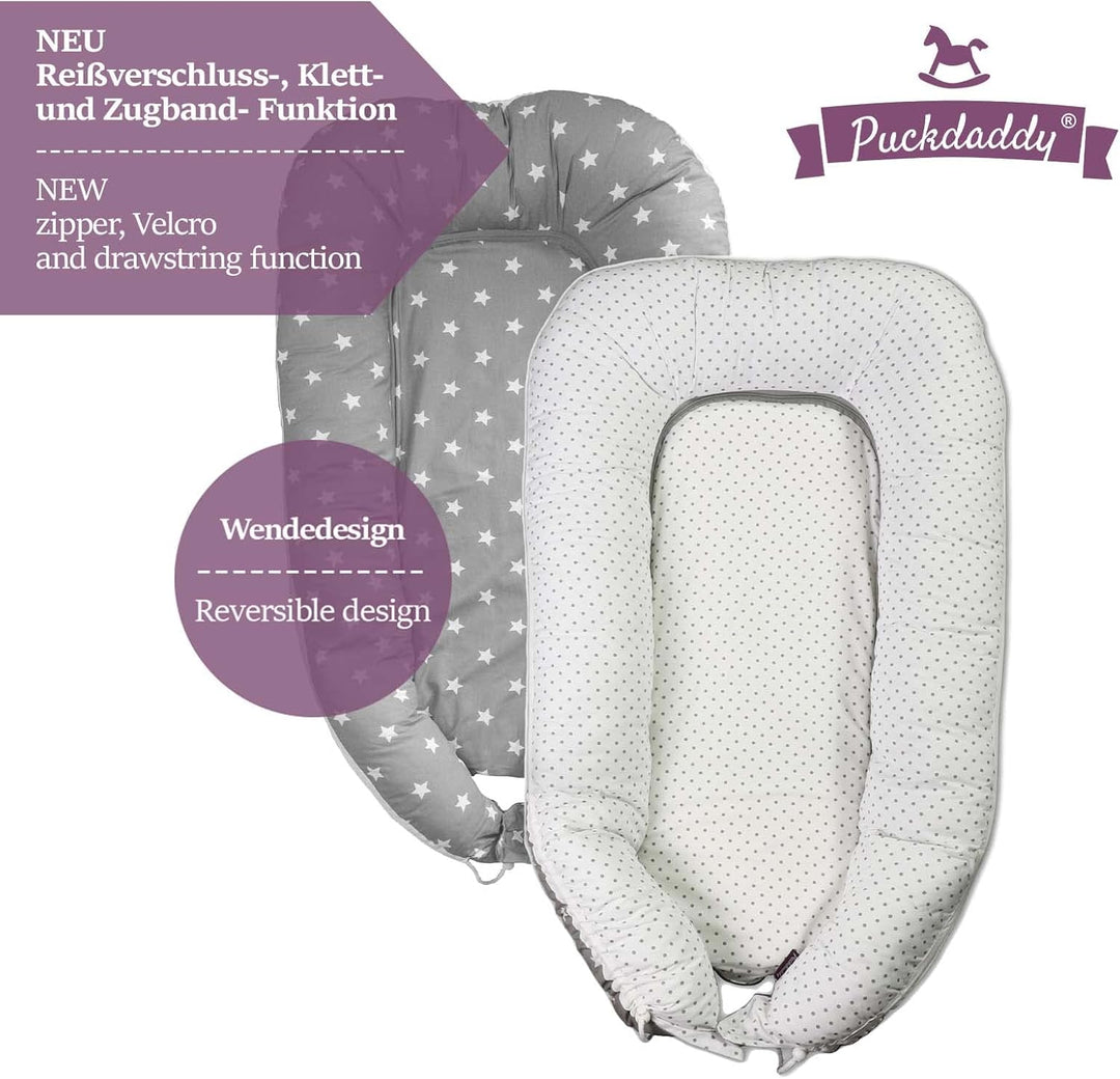 Puckdaddy Linnea | Babynest | 105x60cm | Kuschelnest in Grau | Stern und Pünktchen Muster | Kuschelp