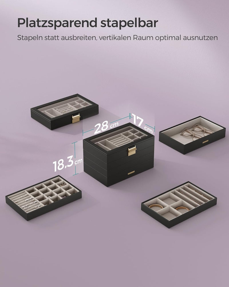 SONGMICS Schmuckkästchen 4 Ebenen, Schmucktablett stapelbar, Schmuckkasten gross, Schmuckbox mit Gla