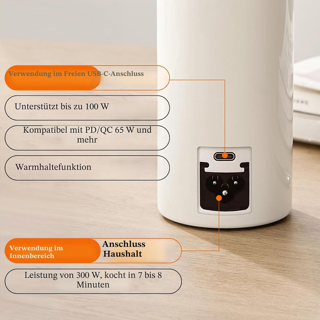 Tragbarer Reise-Wasserkocher 500 ml mit USB-C-Ladegerät, elektrischer Wasserkocher mit Tragegriff un