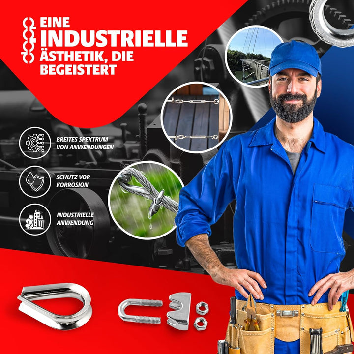 DQ-PP STAHLSEIL SET | 8mm | 20m | 2 x Seilklemmen Bügel 8mm | 2 x Kauschen 8mm | Edelstahl INOX | 7x