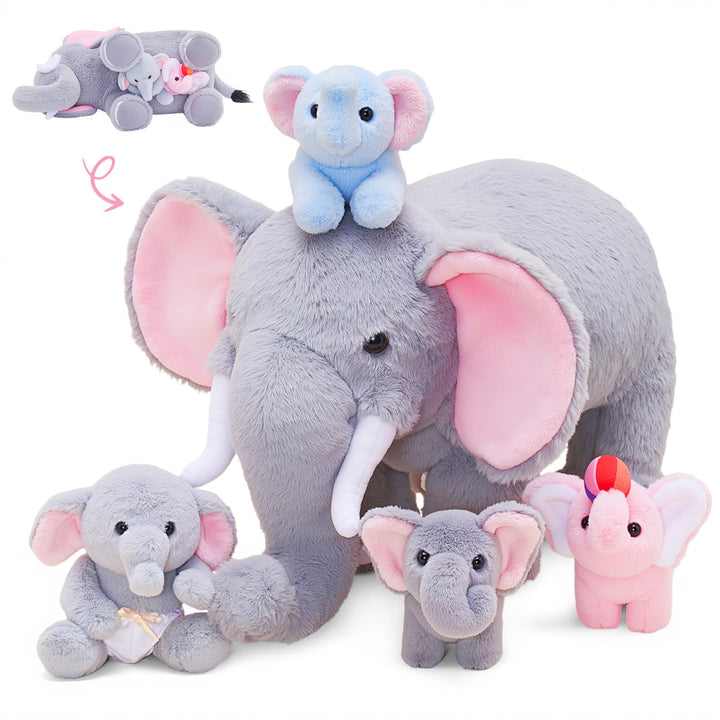 OUOZZZ 5er Set Elefant Kuscheltier Plueschtier Mama mit 4 Babys im Bauch | Interactive Plueschtier-M