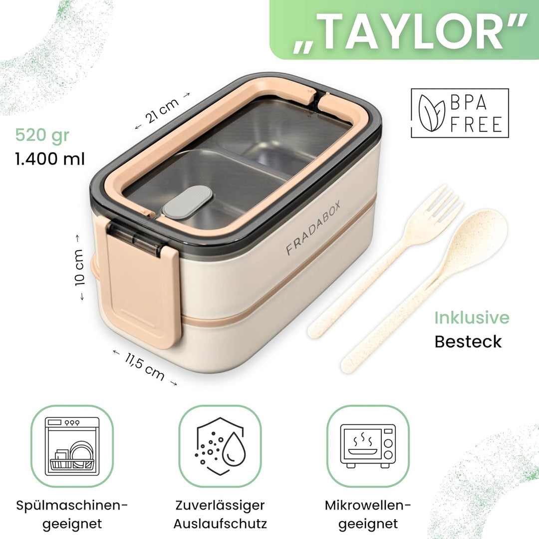 Bento Lunchbox „Taylor“, 2 Etagen mit Fächern, Premium Edelstahl, BPA-freie Brotdose mit Besteck ide