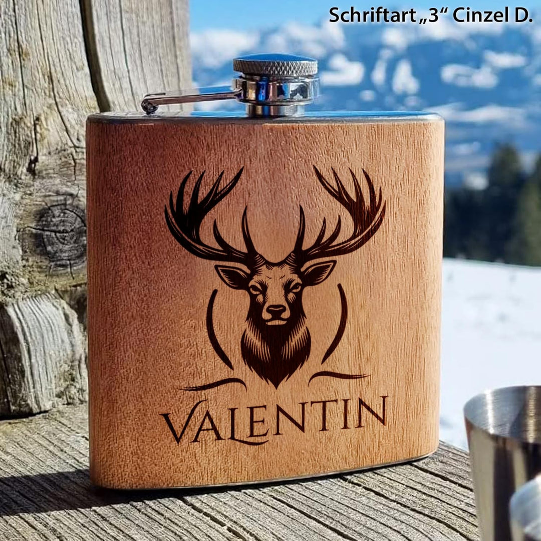 Jäger Geschenk Holz Flachmann Hirsch mit Gravur Flachmann Jäger Geschenkidee Männer Holz, Holz