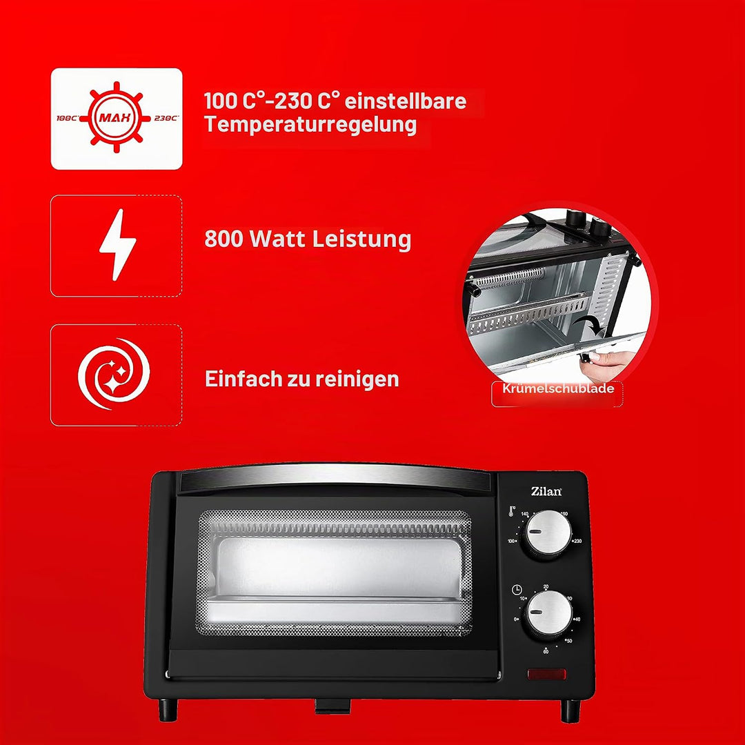 Zilan Elektro-Backofen, 9 l, Doppel-Sicherheitsglas, Timer, 2-teilig, Quarzwiderstand, Krümelplatte,