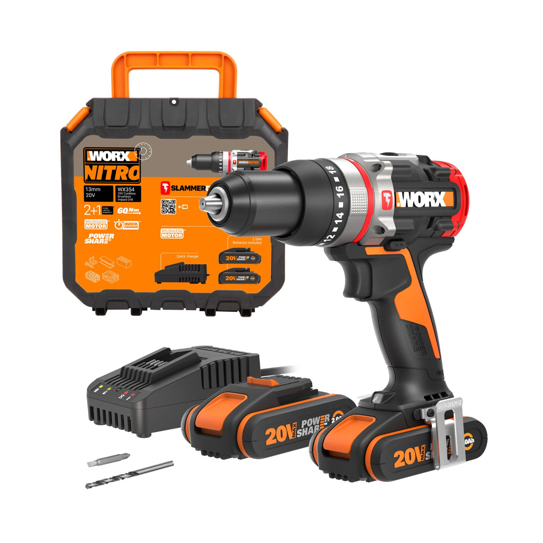 WORX WX354 Akku Schlagbohrhammer 20V - bürstenloser Motor - 18 Drehmomenteinstellung + Bohren & Hamm