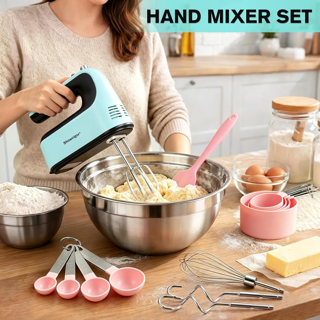 Showvigor Handmixer Set, Elektrischer Mixer mit 5 Geschwindigkeitsstufen, 300-Watt-Motor, 5 Edelstah