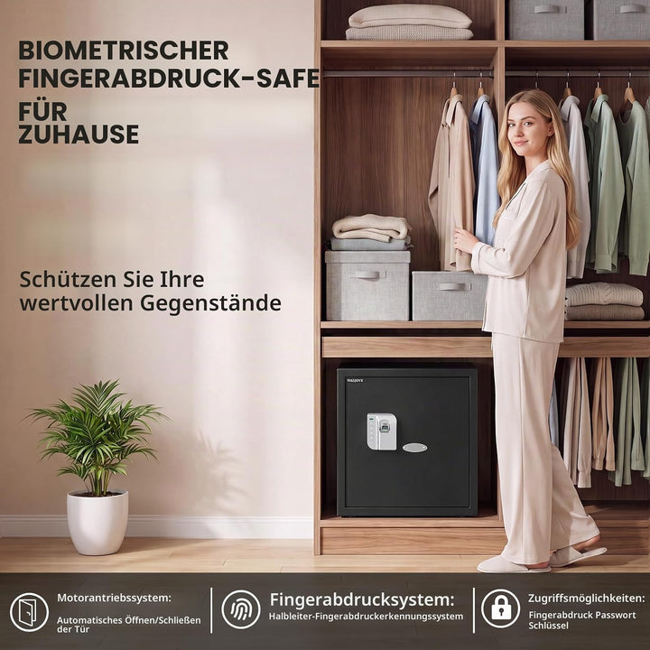 WASJOYE 38.08L Fingerabdruck Tresor Safe, Gross Tresor mit Zahlenschloss, Biometrischer Möbeltresore