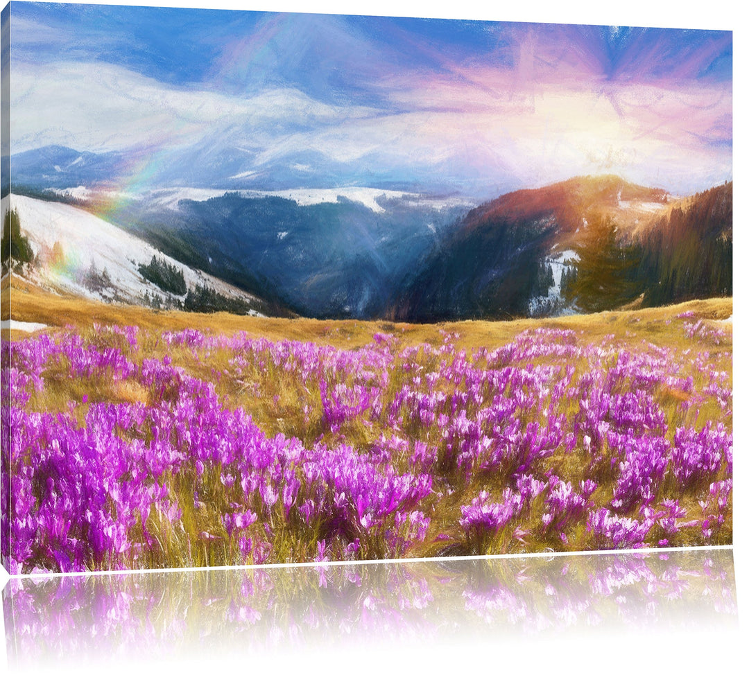 Pixxprint Berglandschaft Regenbogen als Leinwandbild/Grösse: 100x70 cm/Wandbild/Kunstdruck/fertig be