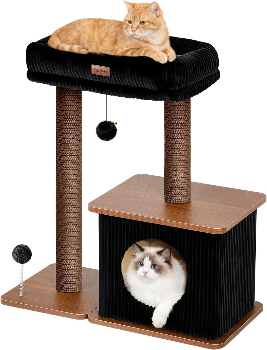 Kratzbaum für Wohnungskatzen 74 cm, moderner Katzenbaum aus Holz mit Sisal Kratzstämmen, grosse Lieg