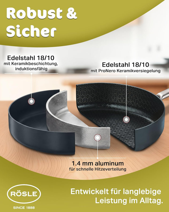 RÖSLE EBONIC Pfanne 24 cm Induktion – Bratpfanne 24cm mit ProNero Keramik Antihaftbeschichtung & Wab