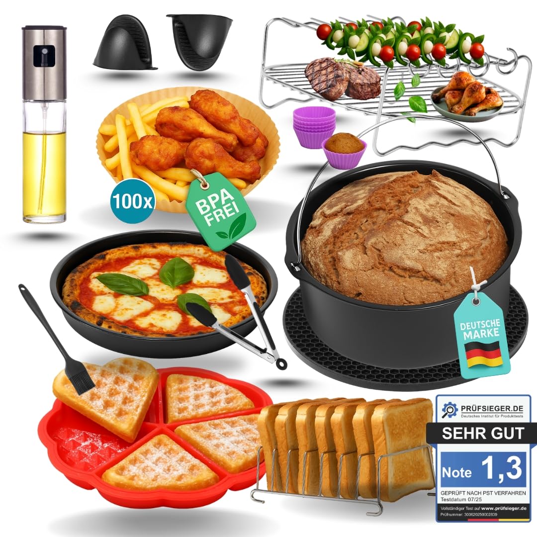Heissluftfritteuse Zubehör, Airfryer Zubehör, 18 Teile Set. Mit Backform, 100 x Backpapier, Ölsprühe