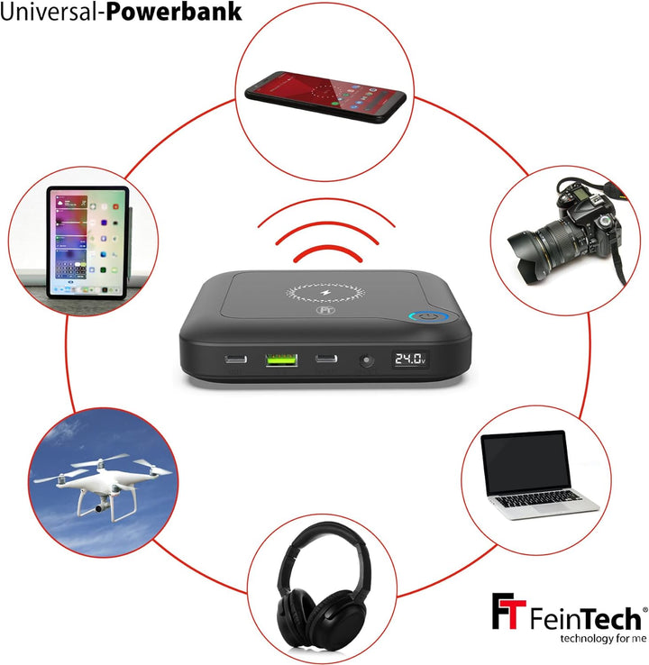 FeinTech PLG02400 Laptop Powerbank 60W PD USB-C und DC Anschluss für Notebook, MacBook, iPad, Tablet