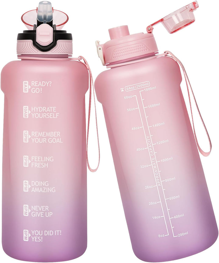 Seekua Sport Tritan Trinkflasche 0.6l / 1l / 2l mit Strohhalm & Zeitmarkierung, Grosse Wasserflasche