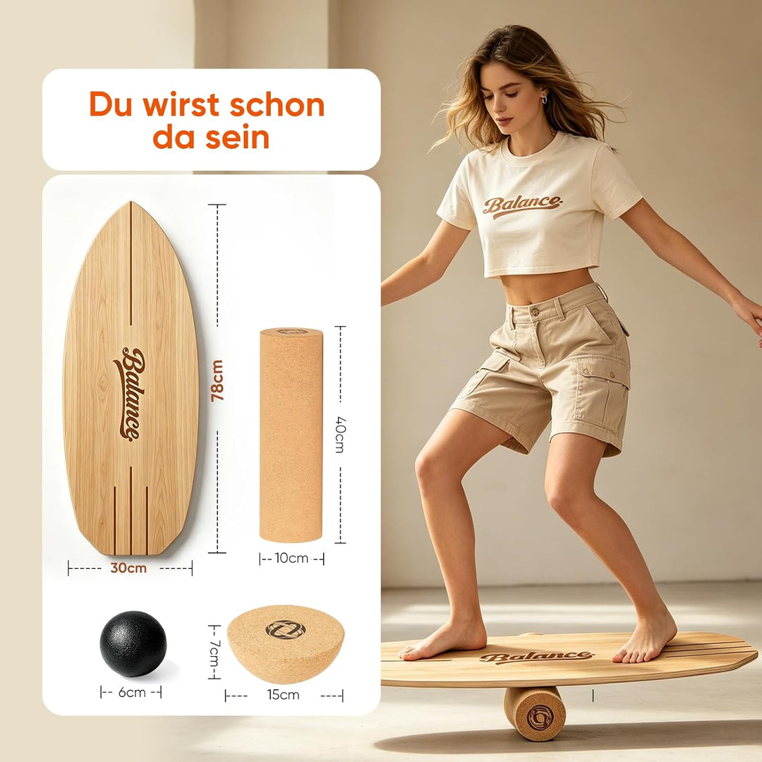 Balance Board Komplett-Set aus Massivholz – 4-in-1 Gleichgewichtsboard mit Rolle, Halbkugel &amp; Faszie