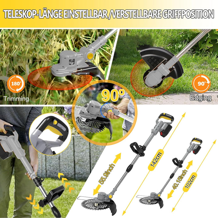 Akku Rasentrimmer mit Akku und Unkrautbürste, Rasentrimmer mit Akku mit 4 Klingentypen, 750W Bürsten