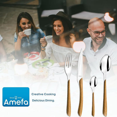 Amefa ECLAT Nature Besteckset, 24-teilig, Besteck Set für 6 Personen, braune Holz-Griffe, Spülmaschi