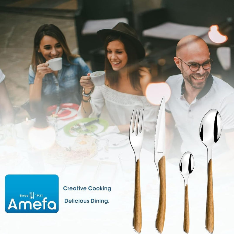 Amefa ECLAT Nature Besteckset, 24-teilig, Besteck Set für 6 Personen, braune Holz-Griffe, Spülmaschi