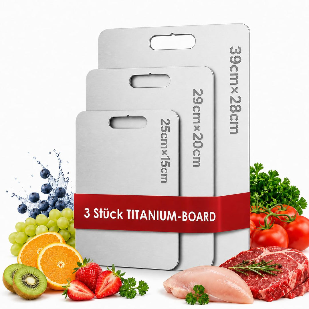 3 Stücke Titan Schneidebrett S316 Edelstahl, BPA-frei Doppelseitiges Board für Fleisch, Brot, Gemüse