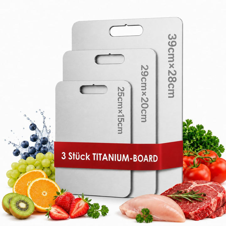 3 Stücke Titan Schneidebrett S316 Edelstahl, BPA-frei Doppelseitiges Board für Fleisch, Brot, Gemüse