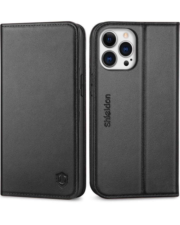 SHIELDON Hülle für iPhone 13 Pro, Handyhülle Schutzhülle [Echtleder] [Kartenfach] [Magnet] [Standfun