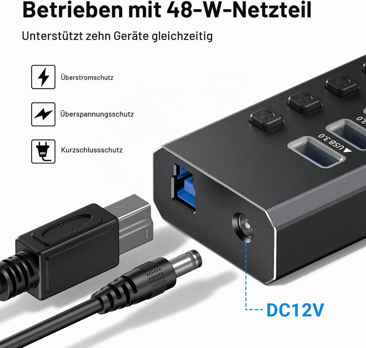 USB-3.0-Hub, Aluminium, 10 Anschlüsse, USB-3.0-Daten-Hub mit 12 V/4 A (48 W) Netzadapter und individ