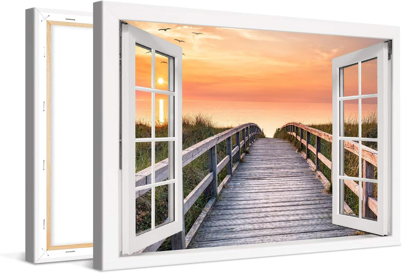 PICANOVA – Bild auf Leinwand Holzweg zum Meer Fenster 120x80cm – Leinwandbild – Premium Leinwanddruc