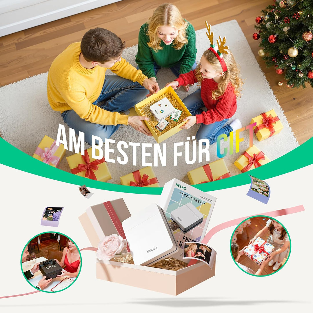 Nelko Fotodrucker PP01 Farbe Tragbarer Mini Fotodrucker für Smartphone mit 20 Fotopapier, Tintenstra