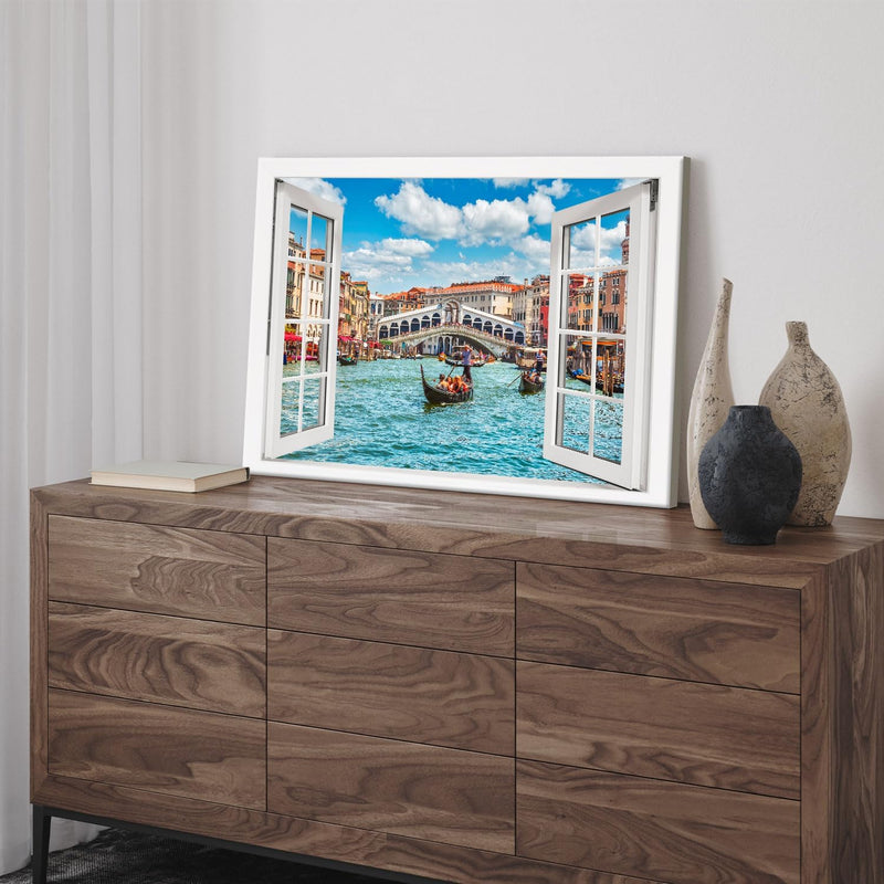 PICANOVA – Leinwandbild 60x40cm Rialtobrücke Venedig Fenster – Leinwanddruck – Wandbild Kunstdruck A