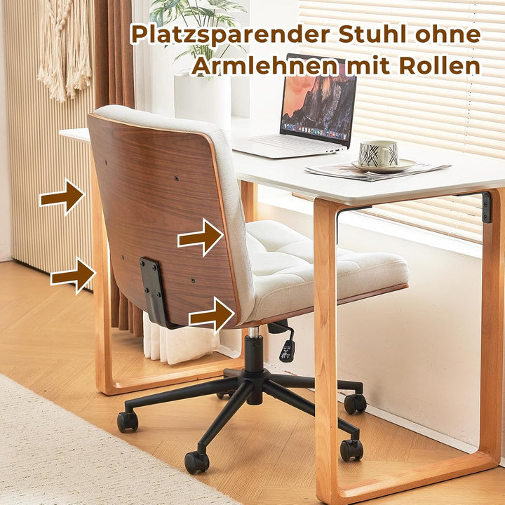 Bürostuhl Braun mit Stabiler Holzstützung, Schreibtischstuhl ohne Armlehne, Drehstuhl Büro mit Rolle