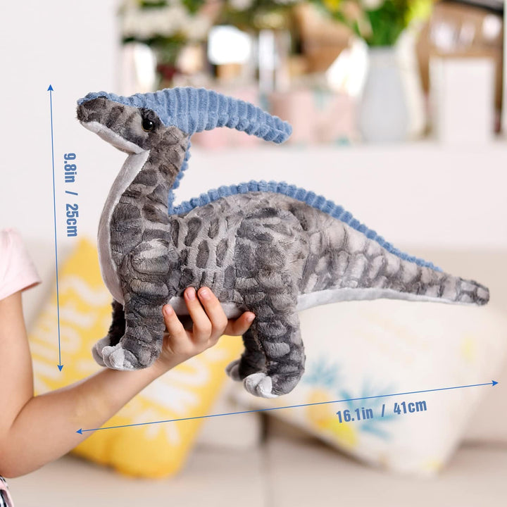 Dinosaurier-Plüschtier, 40,6 cm, Parasaurolophus-Stofftier-Überwurf, Plüschkissen, weich, grau, flau