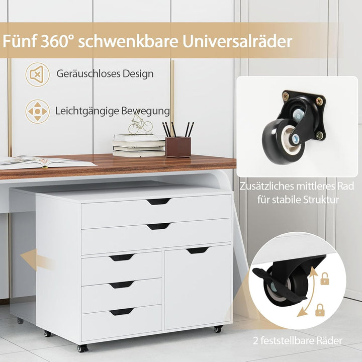 GOPLUS Aktenschrank mit 5 Schubladen, Mobile Kommode mit Seitenschrank & 5 Rollen, Rollbarer Bürosch