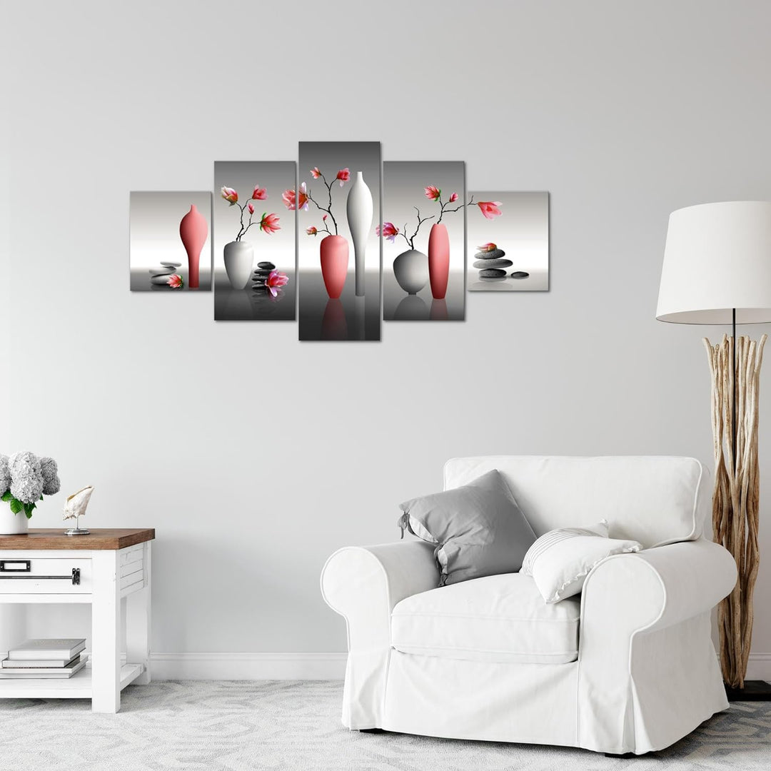Runa Art Wandbilder Blumen Magnolien 5 Teilig Bild auf Vlies Leinwand Deko Wohnzimmer Spa Rot Grau 0