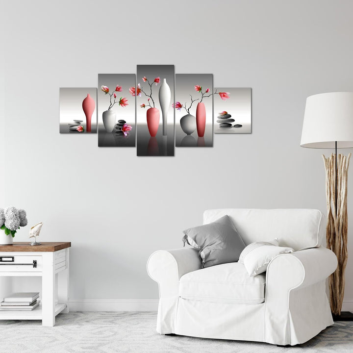 Runa Art Wandbilder Blumen Magnolien 5 Teilig Bild auf Vlies Leinwand Deko Wohnzimmer Spa Rot Grau 0