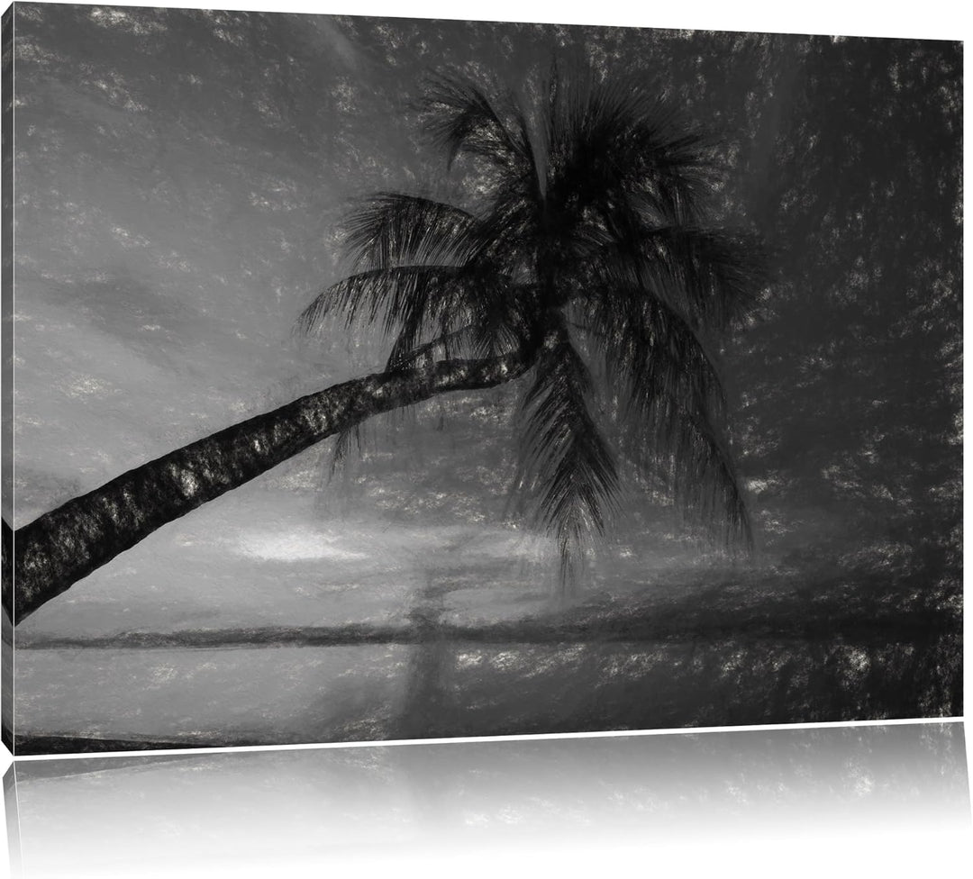 Pixxprint Palme am Meer mit Sonnenuntergang als Leinwandbild/Grösse: 100x70 / Wandbild/Kunstdruck/fe