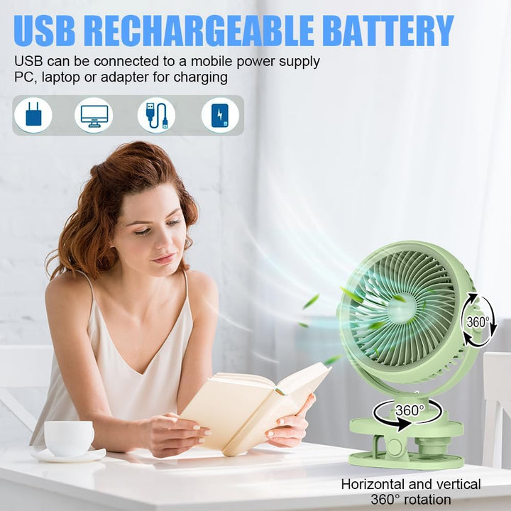 Camping Ventilator mit LED Nachtlicht , Wiederaufladbarer USB-C Klein Clip Ventilator mit Akku, 5 Ge