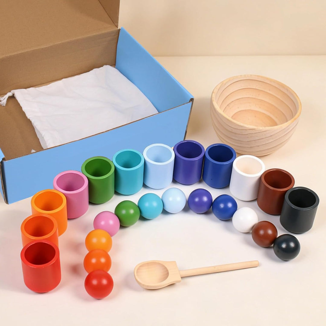 Regenbogen Bälle in Tassen, Montessori Holz Sortier Stapelspielzeug mit 12 Bällen zum Farbsortieren