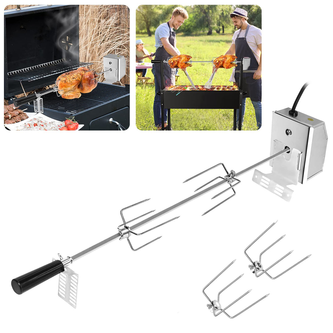 UISEBRT Grillspiess Set 107cm Edelstahl Drehspiess mit Motor, 220V - 240V, inkl. 4X Fleischnadeln El