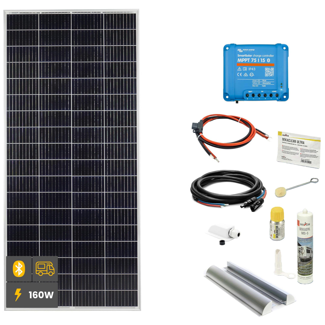 WATTSTUNDE SOLA Mono 160W Wohnmobil Solaranlage Komplett-Set, Victron MPPT Laderegler, Monokristalli