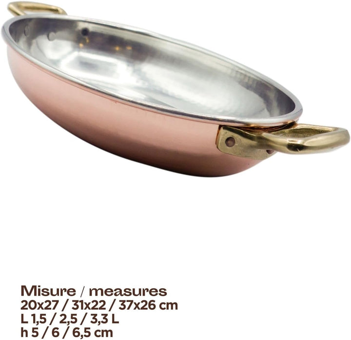 CREARTISTIC 100% Made in Italy Verzinntes Kupfer Oval Flache Kupferpfanne - 31x22 cm H6cm x 2.5L, mi