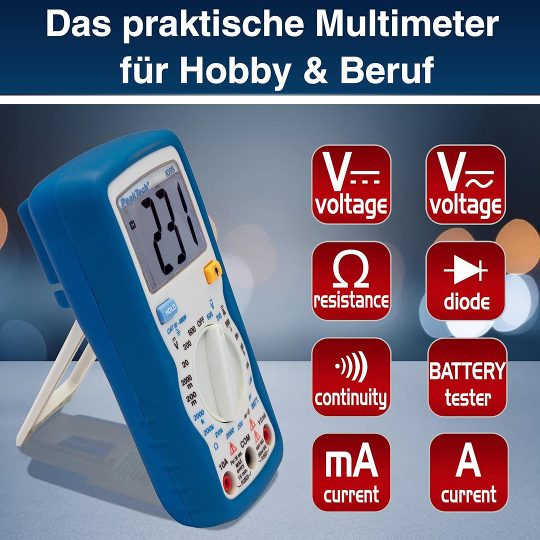 PeakTech Kompaktes Digital-Multimeter P1035 zur Messung von Spannung, Gleichstrom und Widerstand, Bl