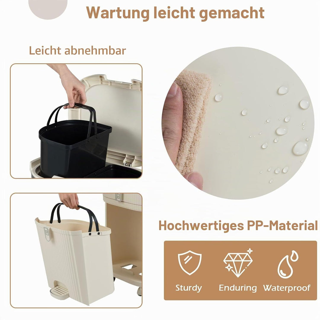 LIFEZEAL 38L / 42L Mülleimer auf Rädern, Abfalleimer mit 3 Fächern &amp; Deckel, Tretmülleimer mit Griff