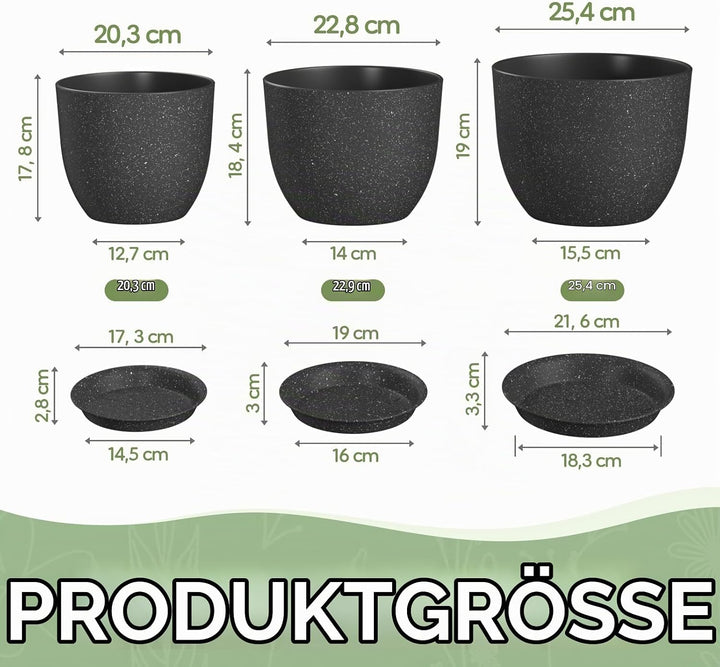 3er-Set 25/23/20 cm Blumentopfe mit Untersetzern und Abflusslöchern, Kunststoff-Pflanzentöpfe für In