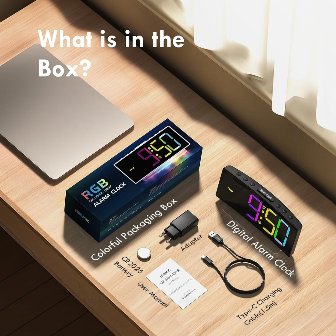 HERMIC Wecker, Wecker Digital LED mit 7 Farben RGB Nachtlicht, Netzbetrieben Digitalwecker mit 8 Far