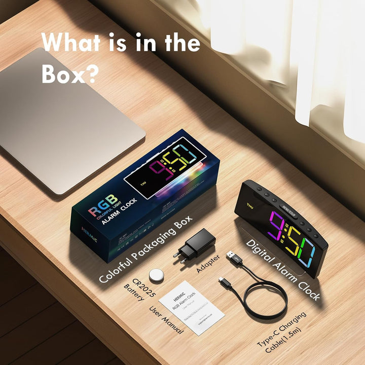 HERMIC Wecker, Wecker Digital LED mit 7 Farben RGB Nachtlicht, Netzbetrieben Digitalwecker mit 8 Far