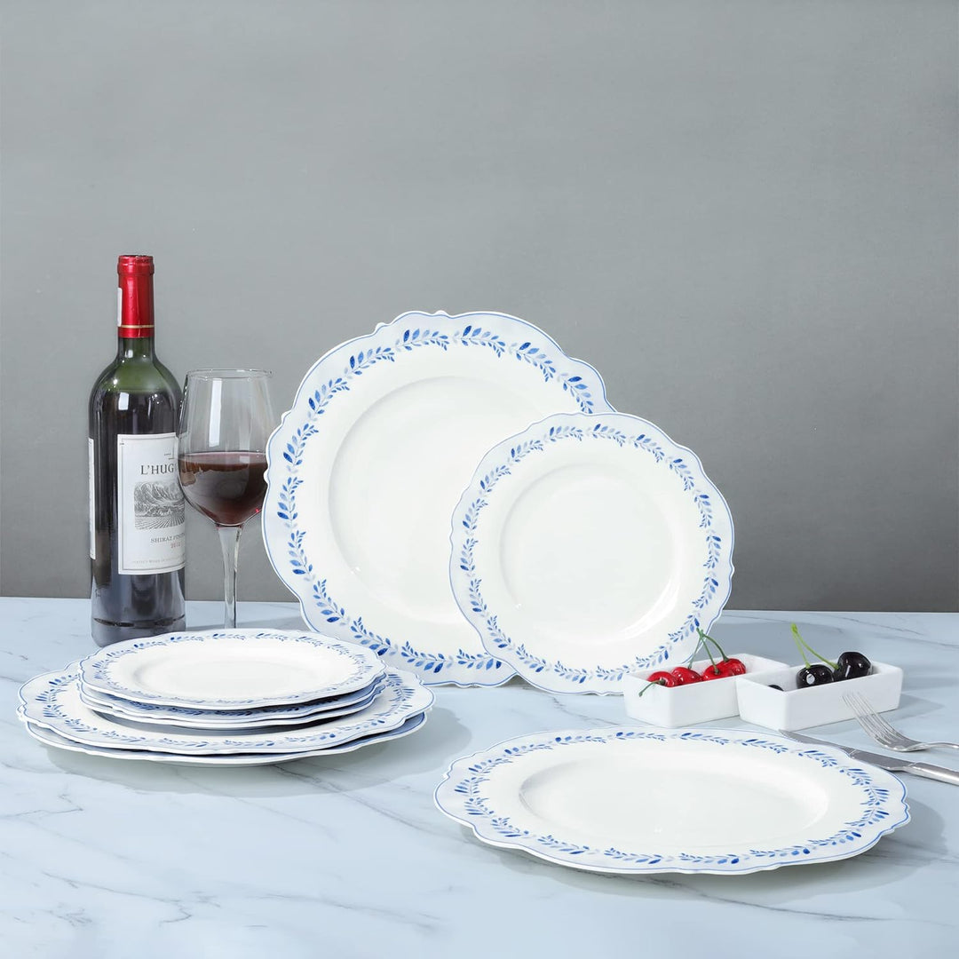 fanquare 4 Stück Frühstücksteller Dessertteller Teller Flach 21 cm, Blaue Blätter Muster Kuchentelle