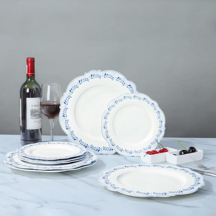 fanquare 4 Stück Frühstücksteller Dessertteller Teller Flach 21 cm, Blaue Blätter Muster Kuchentelle