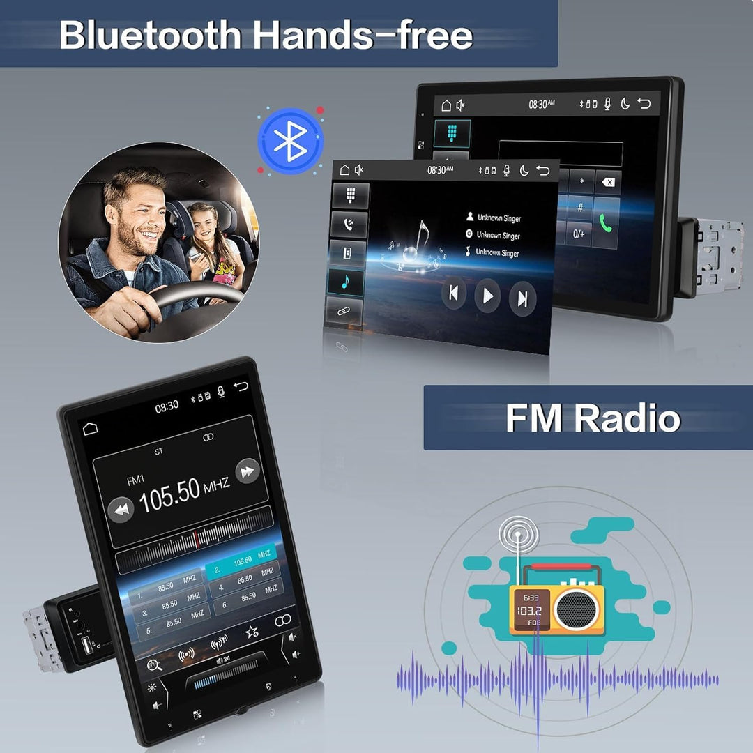 Hikity 1 Din Apple CarPlay Autoradio mit Bildschirm Gedreht Android Auto Radio mit 10,4 Zoll Touch D