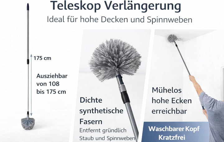 Staubbiene Grau Staubbesen mit Teleskopstiel 175 cm, Staubwedel lang ausziehbar, Spinnenwebenentfern