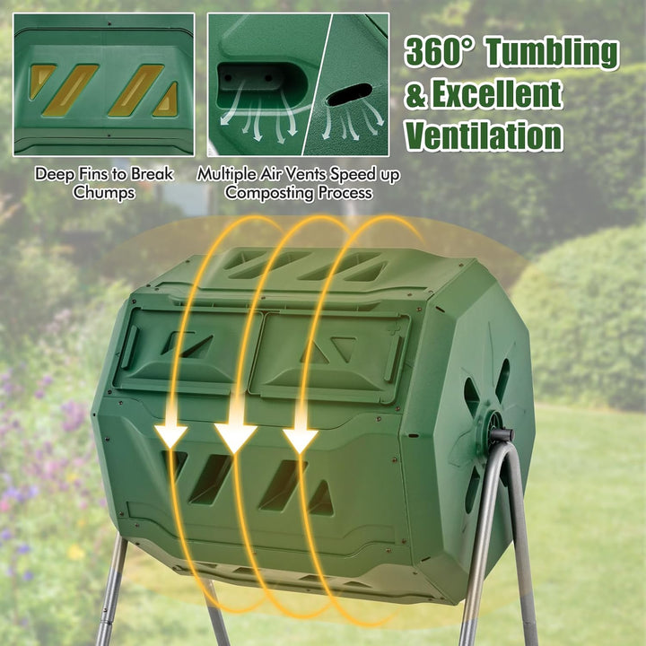 FANTASK 160L Trommel-Komposter, 70x63x93cm, 360° drehbar, Trommelkomposter Doppelkammer mit 2 Schieb